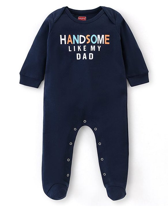 Babyhug Cotton Knit Full Sleeves Footed Sleepsuit with Text Print - Navy Blue