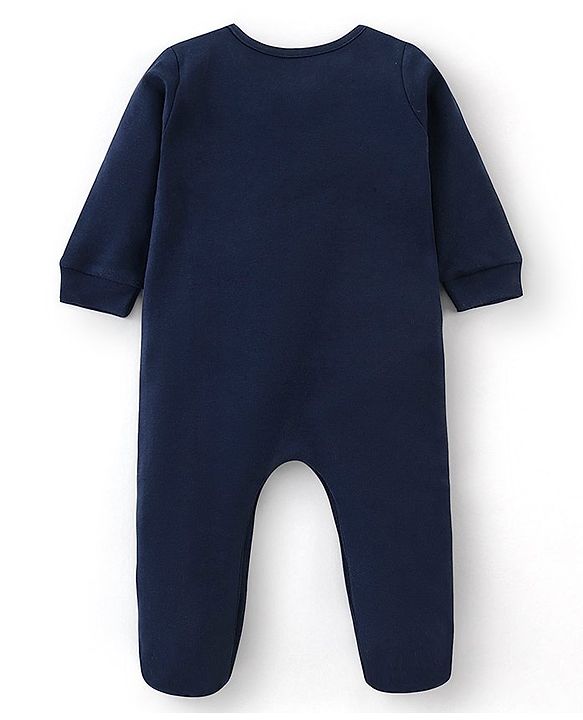 Babyhug Cotton Knit Full Sleeves Footed Sleepsuit with Text Print - Navy Blue