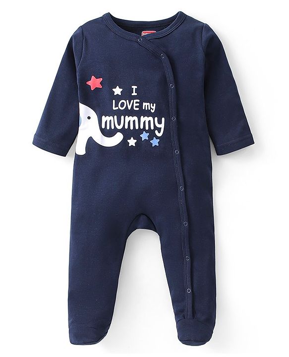 Babyhug Interlock Cotton Knit Full Sleeves Footed Sleep Suit Text Print - Navy Blue