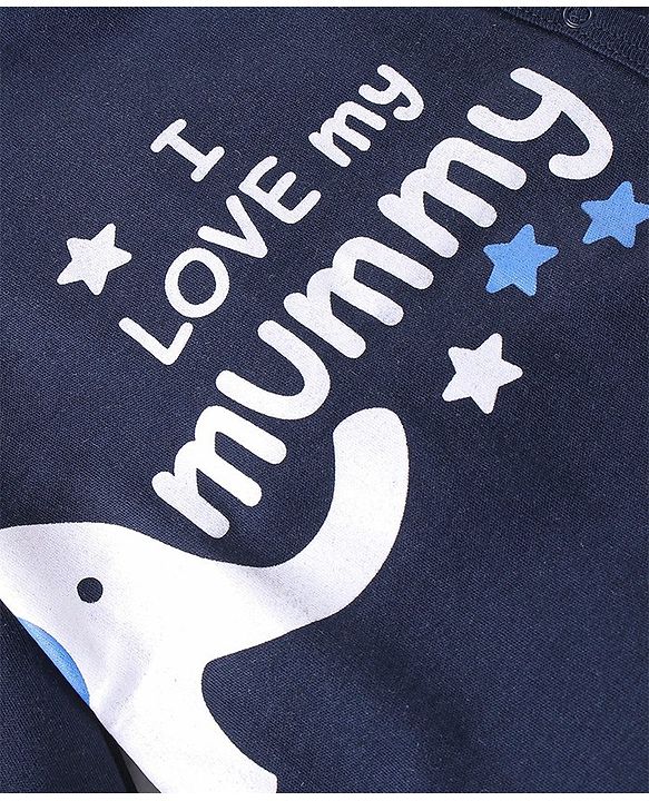Babyhug Interlock Cotton Knit Full Sleeves Footed Sleep Suit Text Print - Navy Blue