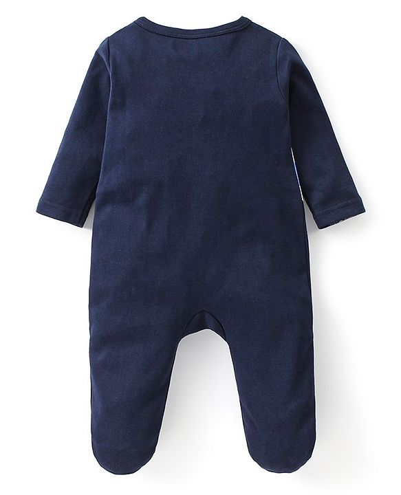 Babyhug Interlock Cotton Knit Full Sleeves Footed Sleep Suit Text Print - Navy Blue
