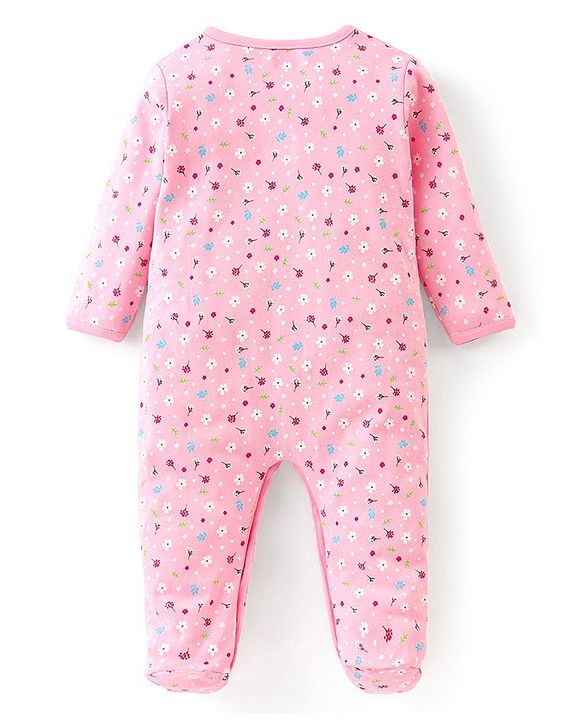 Babyhug Interlock Cotton Full Sleeves Footed Sleepsuit Birds & Floral Print - Pink
