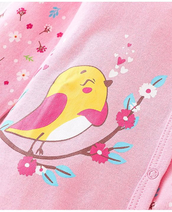 Babyhug Interlock Cotton Full Sleeves Footed Sleepsuit Birds & Floral Print - Pink