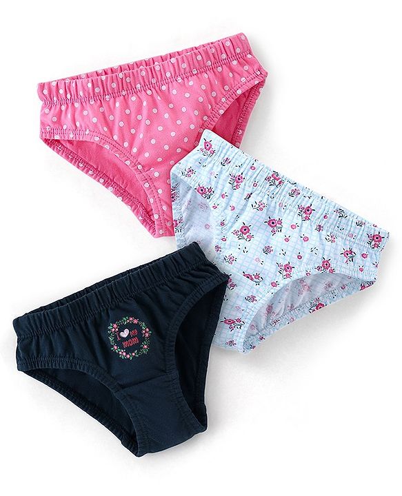 Babyhug 100% Cotton Panties Floral Print Pack of 3 - Pink Turquoise & Navy