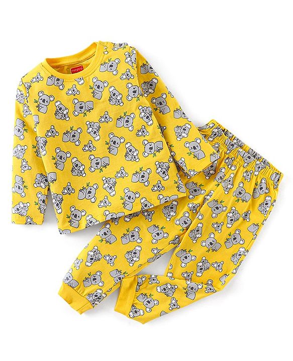 Babyhug Cotton Knit Full Sleeves Night Suit Koala Print - Yellow
