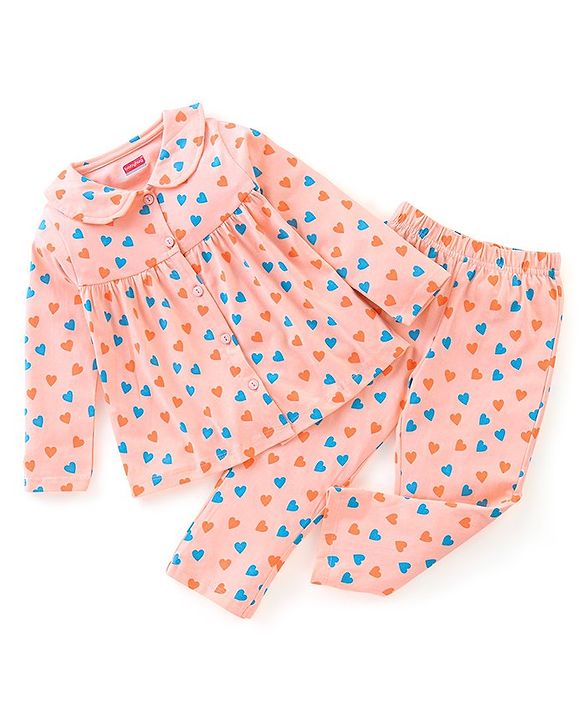Babyhug Cotton Knit Full Sleeves Night Suit Heart Print - Peach