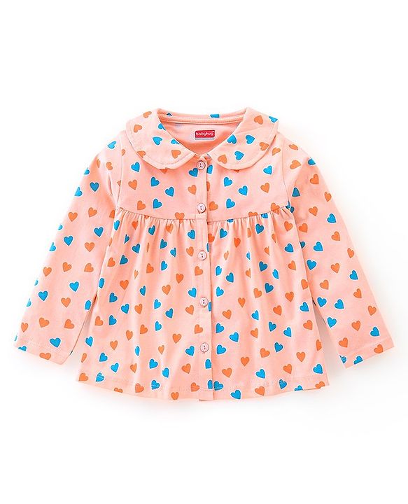 Babyhug Cotton Knit Full Sleeves Night Suit Heart Print - Peach