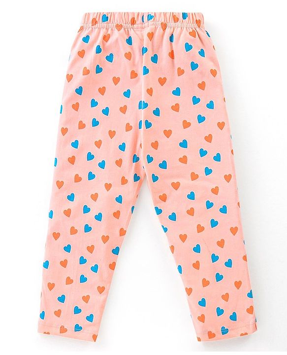 Babyhug Cotton Knit Full Sleeves Night Suit Heart Print - Peach