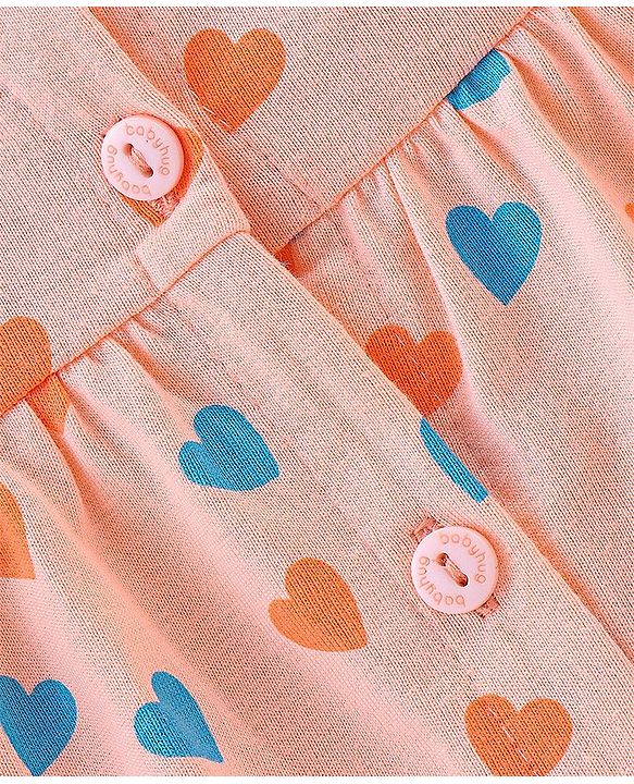 Babyhug Cotton Knit Full Sleeves Night Suit Heart Print - Peach