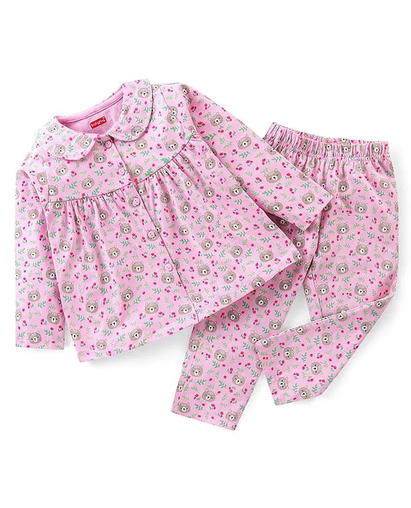 Babyhug Cotton Knit Full Sleeves Night Suit with Teddy Print Pink