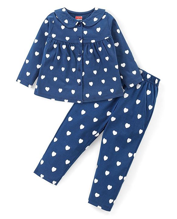 Babyhug Cotton Knit Full Sleeves Night Suit With Heart Print - Navy Blue