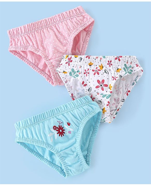 Babyhug 100% Cotton Panties Dot & Floral Print Pack of 3- Pink Blue & White