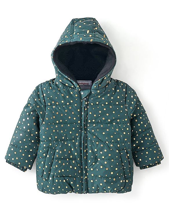 Babyhug Full Sleeves Hooded Quilted Jacket Polka Dot Print - Green