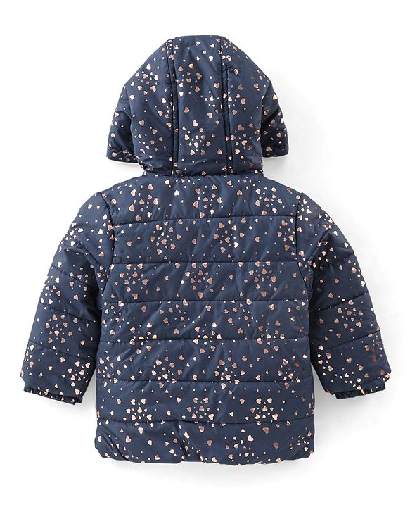 Babyhug Woven Full Sleeves Hooded Quilted Jacket Heart Print - Navy Blue