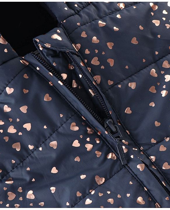 Babyhug Woven Full Sleeves Hooded Quilted Jacket Heart Print - Navy Blue