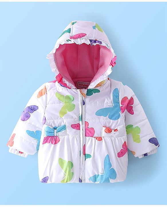 Babyhug Full Sleeves Hooded Jacket With Butterfly Print - White & Pink