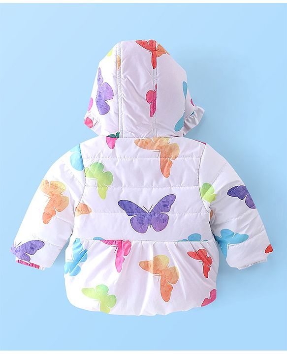 Babyhug Full Sleeves Hooded Jacket With Butterfly Print - White & Pink