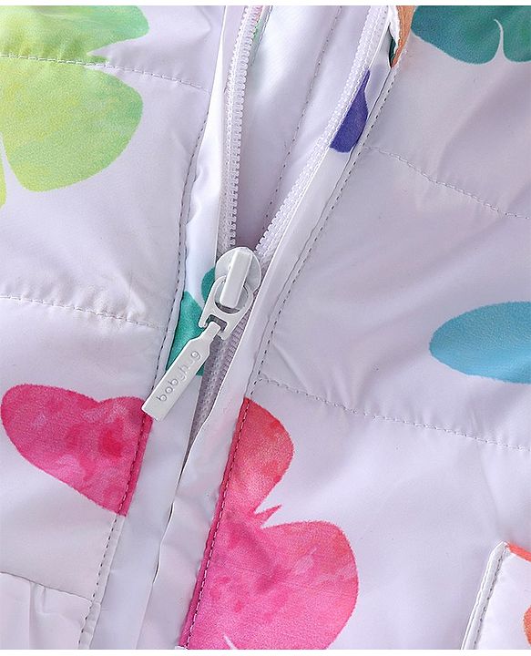 Babyhug Full Sleeves Hooded Jacket With Butterfly Print - White & Pink