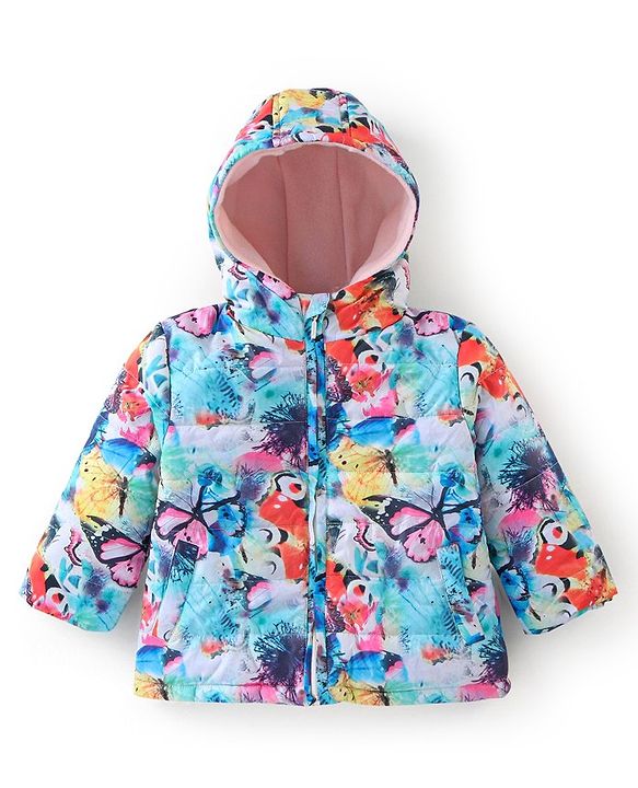 Babyhug Woven Full Sleeves Hooded Jacket with Butterfly Print - Multicolour