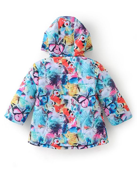 Babyhug Woven Full Sleeves Hooded Jacket with Butterfly Print - Multicolour