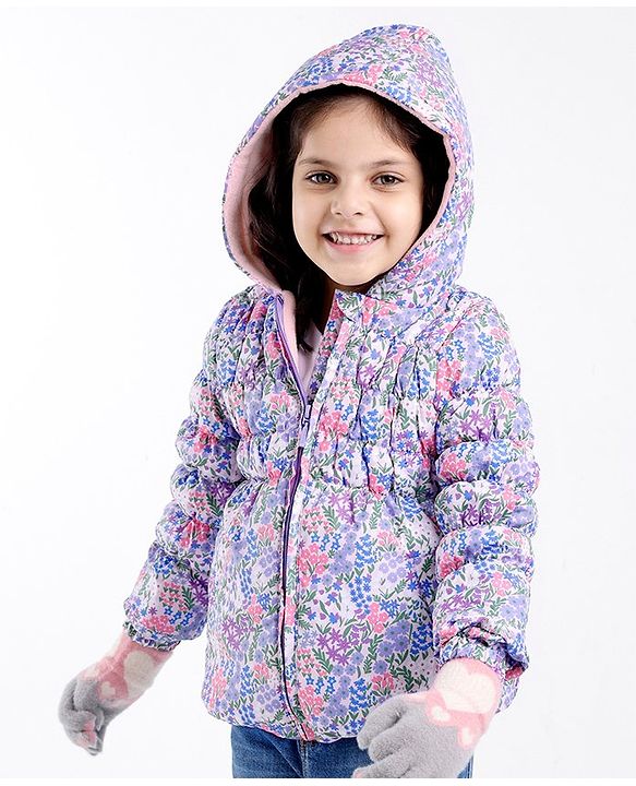 Babyhug Full Sleeves Woven Hoodie with Pockets Floral Print - Pink & Purple
