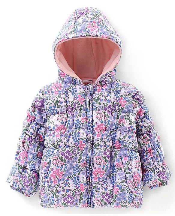Babyhug Full Sleeves Woven Hoodie with Pockets Floral Print - Pink & Purple