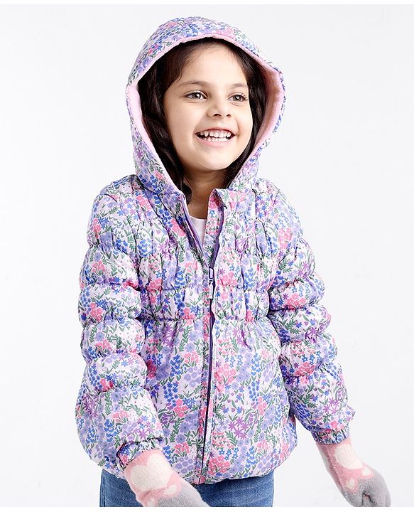 Babyhug Full Sleeves Woven Hoodie with Pockets Floral Print - Pink & Purple