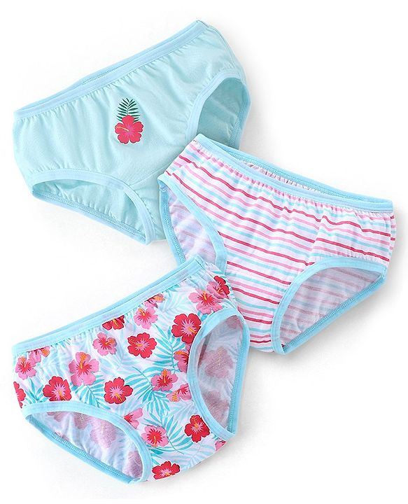 Babyhug 100% Cotton Knit Panties Stripes & Floral Print Pack of 3 - Blue White & Pink