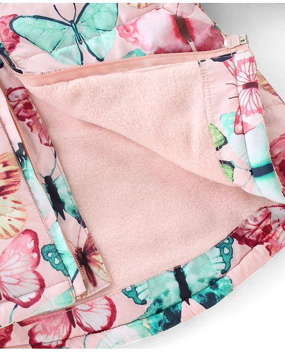 Babyhug Full Sleeves Hooded Padded Jacket Butterfly Printed - Pink
