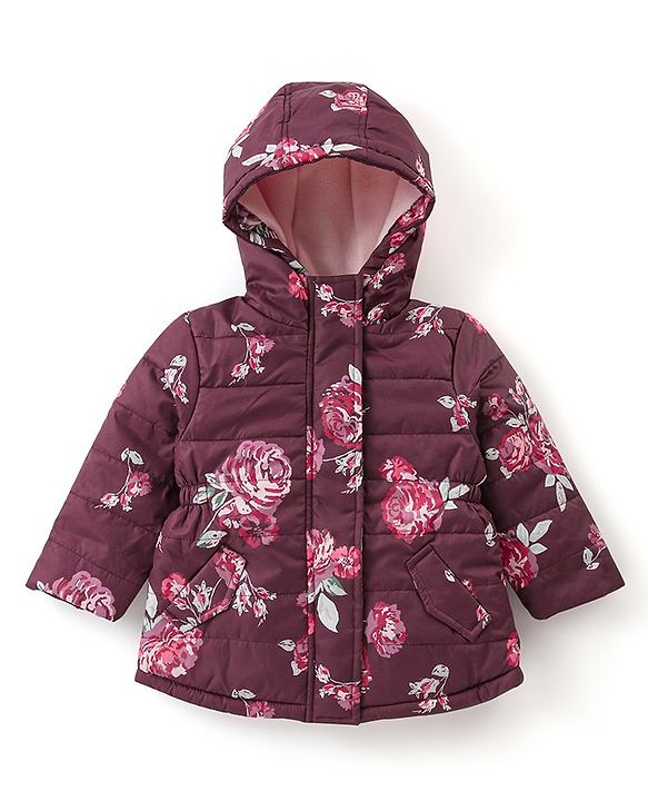 Babyhug Full Sleeves Hooded Padded Quilted Jacket Floral Print - Maroon