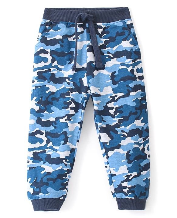 Babyhug Cotton Looper Full Length Track Pants Camouflage Print - Blue