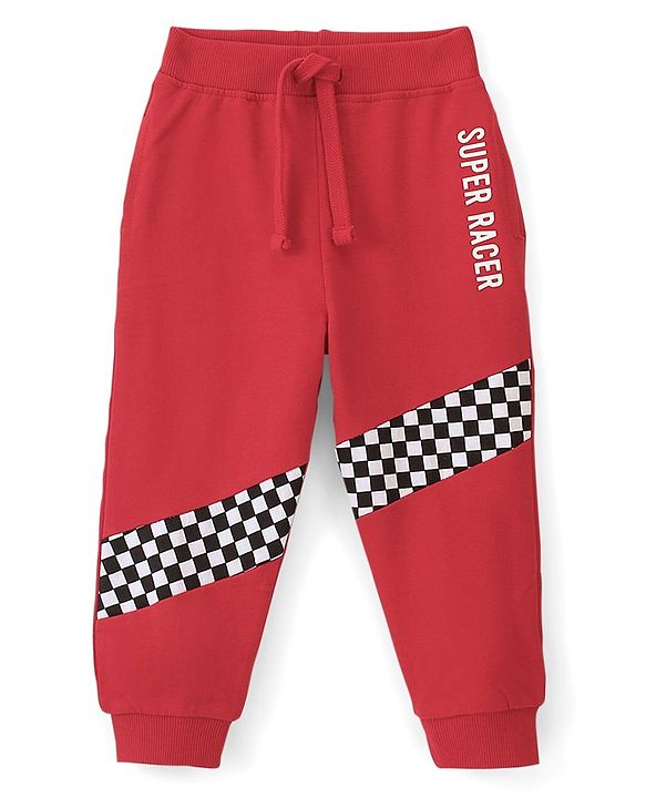Babyhug Cotton Looper Knit Full Length Track Pants Checker Print - Red