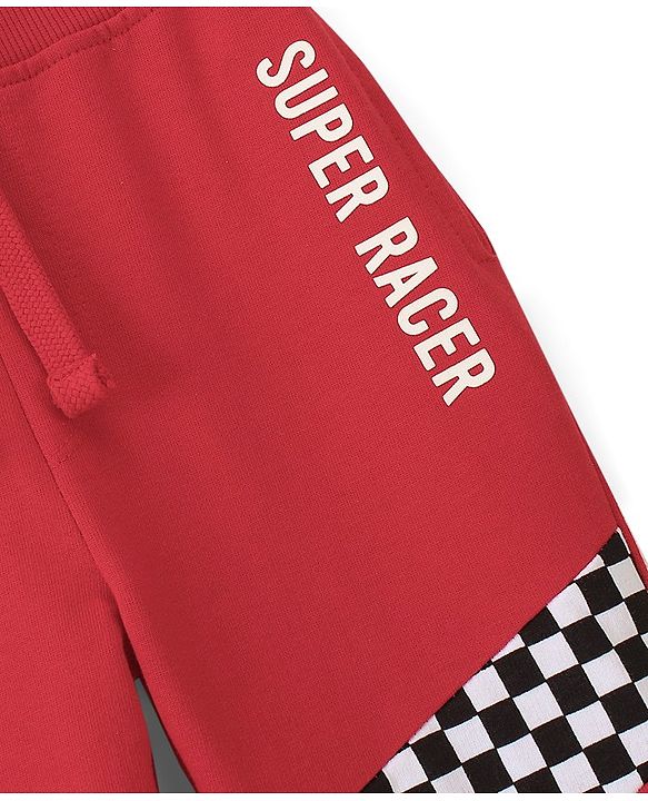 Babyhug Cotton Looper Knit Full Length Track Pants Checker Print - Red