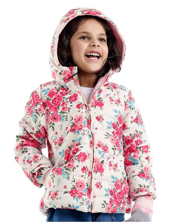 Babyhug Woven Full Sleeves Floral Printed Jacket with Hood - Pink