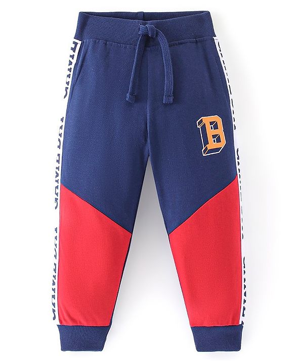 Babyhug Cotton Looper Knit Full Length Text Printed Cut & Sew Lounge Pant - Navy Blue & Red