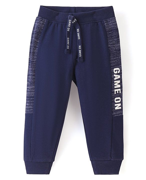 Babyhug Cotton Looper Full Length Lounge Track With Text Print - Navy Blue