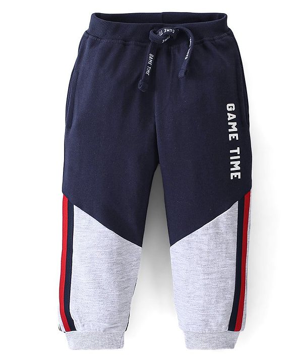Babyhug Cotton Looper Full Length Lounge Pant Color Block & Text Printed - Grey & Navy Blue