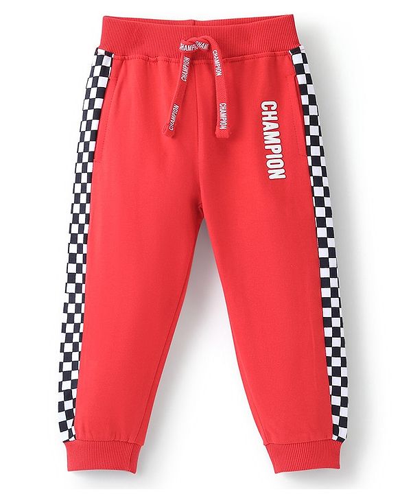 Babyhug Cotton Looper Knit Full Length Lounge Pant Text Print - Red