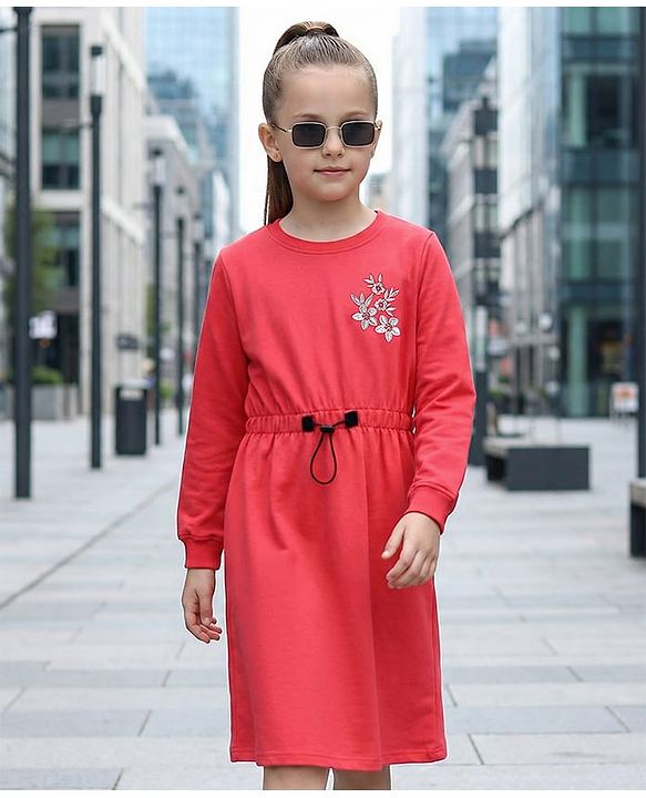 Pine Kids Full Sleeves Winter Frock With Lurex Floral Chest Embroidery - Bittersweet