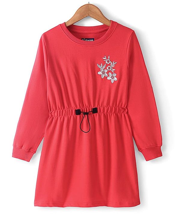Pine Kids Full Sleeves Winter Frock With Lurex Floral Chest Embroidery - Bittersweet