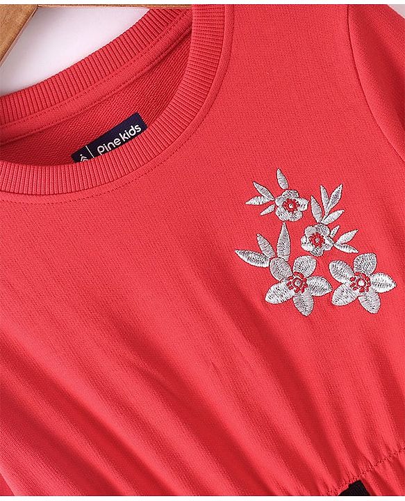 Pine Kids Full Sleeves Winter Frock With Lurex Floral Chest Embroidery - Bittersweet