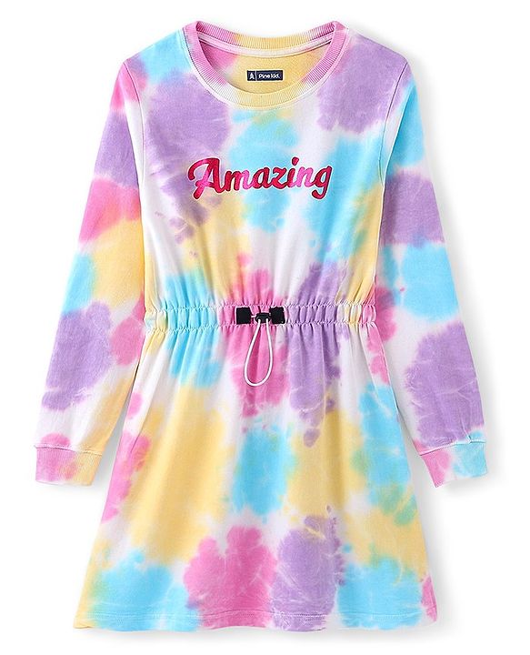 Pine Kids  Full Sleeves Tie & Dye Winter Frock with Foil Amazing Print - Multicolor