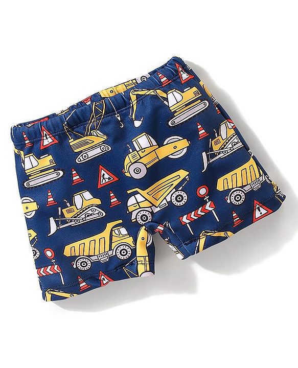 Babyhug Mid Thigh Length Swimming Trunk Vehicle Print - Navy Blue