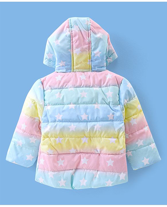 Babyhug Full Sleeves Hooded & Padded Jacket With Ear Applique Stars Print- Pink Yellow & Blue