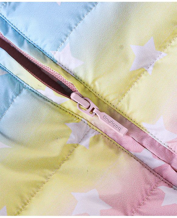 Babyhug Full Sleeves Hooded & Padded Jacket With Ear Applique Stars Print- Pink Yellow & Blue