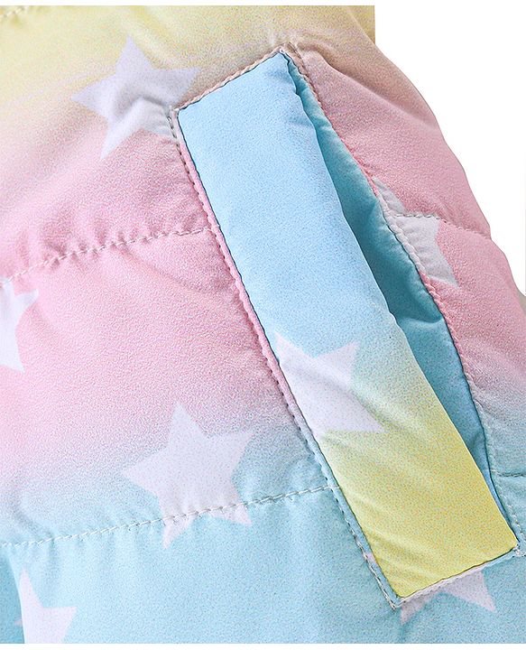 Babyhug Full Sleeves Hooded & Padded Jacket With Ear Applique Stars Print- Pink Yellow & Blue