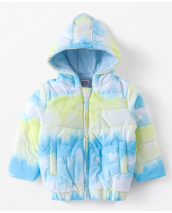 Babyhug Woven Full Sleeves Jacket With Hood & Tie  Die Print - Blue White & Green