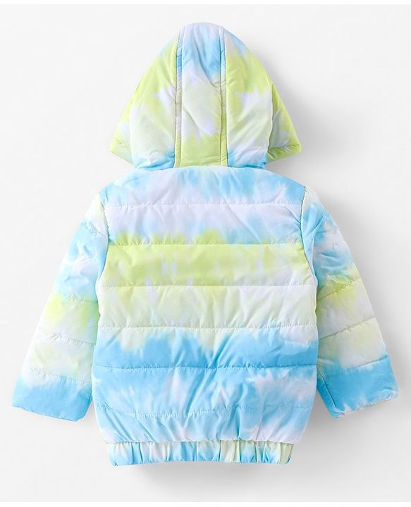 Babyhug Woven Full Sleeves Jacket With Hood & Tie  Die Print - Blue White & Green