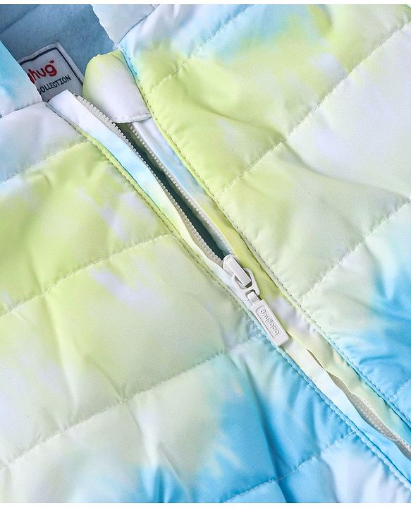 Babyhug Woven Full Sleeves Jacket With Hood & Tie  Die Print - Blue White & Green