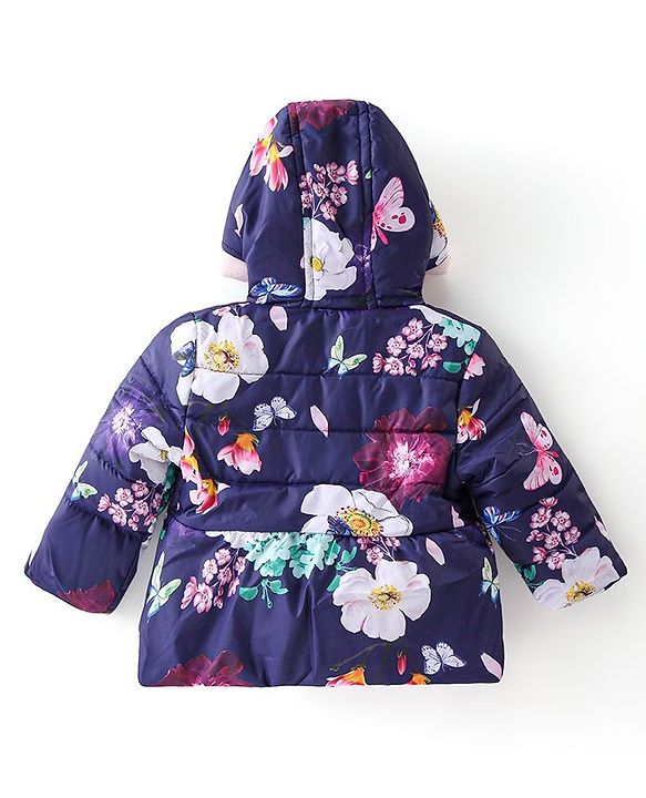 Babyhug Woven Full Sleeves Hooded Jacket With Floral Print - Purple